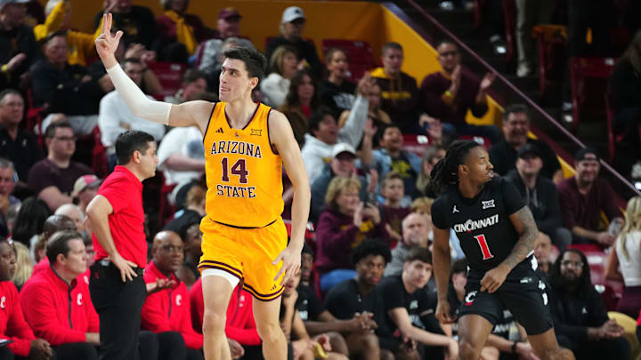 Arizona State forward Andrija Grbović (14) makes a three-pointer against Cincinnati during a game at Desert Financial Arena in Tempe, Ariz., on Jan. 24, 2026.