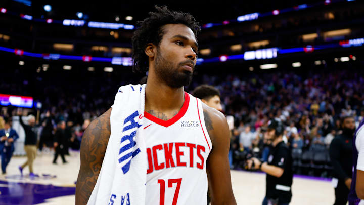 Dec 21, 2025; Sacramento, California, USA; Houston Rockets forward Tari Eason (17) walks off the court after the game against the Sacramento Kings at Golden 1 Center. Mandatory Credit: Sergio Estrada-Imagn Images