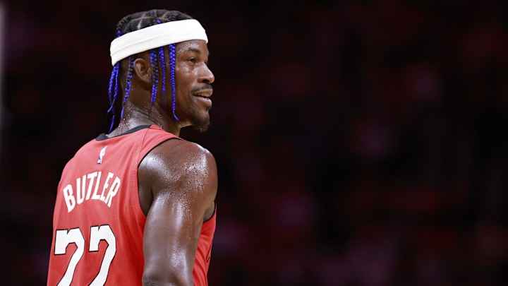 Dec 8, 2024; Miami, Florida, USA;  Miami Heat forward Jimmy Butler (22) smiles at the bench against the Cleveland Cavaliers during the second half at Kaseya Center. Mandatory Credit: Rhona Wise-Imagn Images