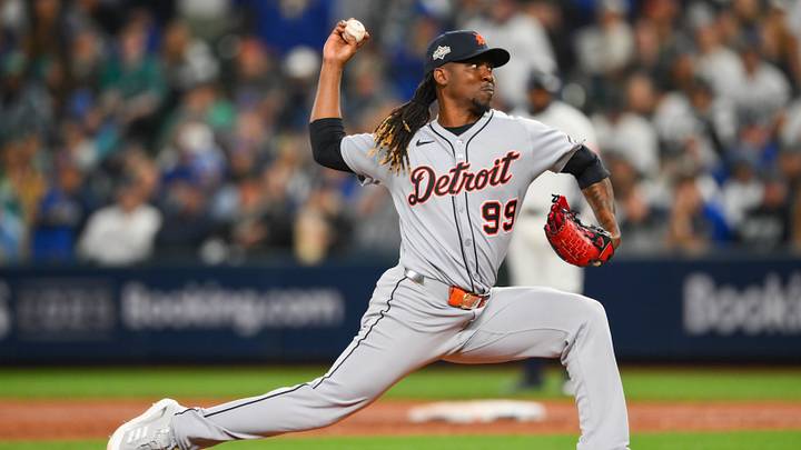 Oct 4, 2025; Seattle, Washington, USA; Detroit Tigers pitcher Rafael Montero (99) delivers a pitch in the sixth inning against the Seattle Mariners during game one of the ALDS round for the 2025 MLB playoffs at T-Mobile Park. Mandatory Credit: Steven Bisig-Imagn Images