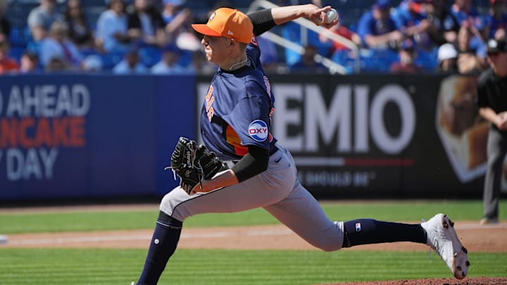 Feb 25, 2024; Port St. Lucie, Florida, USA; Houston Astros pitcher AJ Blubaugh (69) pitches against the New York Mets in the second inning at Clover Park. Feb 25, 2024; Port St. Lucie, Florida, USA; Houston Astros pitcher AJ Blubaugh (69) pitches against the New York Mets in the second inning at Clover Park.