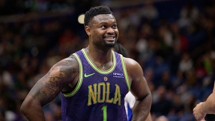 Mar 17, 2025; New Orleans, Louisiana, USA;  New Orleans Pelicans forward Zion Williamson (1) reacts during the first half against the Detroit Pistons at Smoothie King Center. Mandatory Credit: Matthew Hinton-Imagn Images
