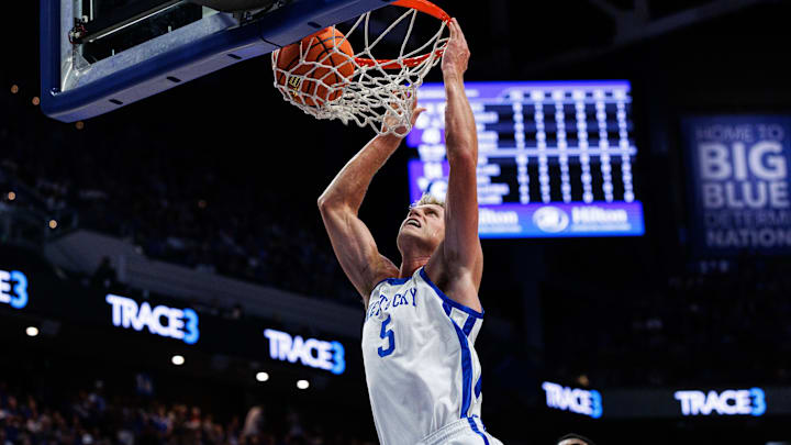 Oct 30, 2025; Lexington, KY, USA; Kentucky Wildcats guard Collin Chandler (5) dunks the ball during the second half against the Georgetown Hoyas at Rupp Arena at Central Bank Center. Mandatory Credit: Jordan Prather-Imagn Images Oct 30, 2025; Lexington, KY, USA; Kentucky Wildcats guard Collin Chandler (5) dunks the ball during the second half against the Georgetown Hoyas at Rupp Arena at Central Bank Center. Mandatory Credit: Jordan Prather-Imagn Images