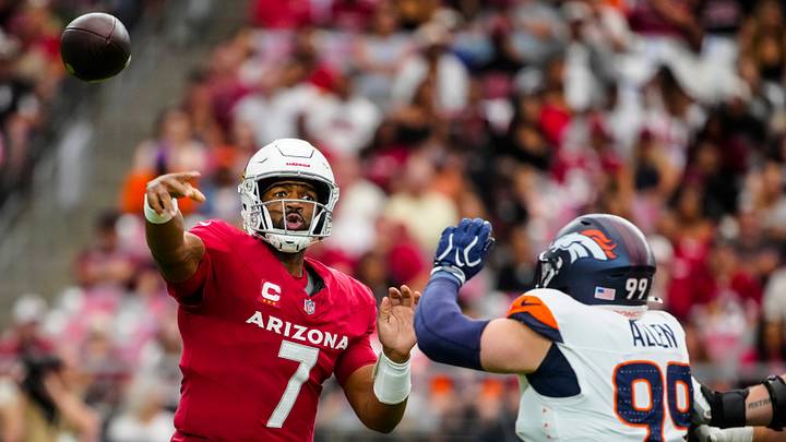 Arizona Cardinals quarterback Jacoby Brissett (7) throws a pass under pressure from Denver Broncos defensive lineman Zach Allen (99) during a game at State Farm Stadium in Glendale, Ariz. on Oct. 24, 2026. Arizona Cardinals quarterback Jacoby Brissett (7) throws a pass under pressure from Denver Broncos defensive lineman Zach Allen (99) during a game at State Farm Stadium in Glendale, Ariz. on Oct. 24, 2026.