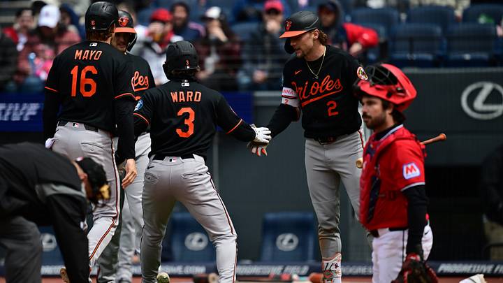 Apr 19, 2026; Cleveland, Ohio, USA; Baltimore Orioles left fielder Taylor Ward (3) is congratulated by shortstop Gunnar Henderson (2) after hitting a three-run home run off Cleveland Guardians starting pitcher Joey Cantillo (54) during the fifth inning at Progressive Field. Mandatory Credit: David Dermer-Imagn Images Apr 19, 2026; Cleveland, Ohio, USA; Baltimore Orioles left fielder Taylor Ward (3) is congratulated by shortstop Gunnar Henderson (2) after hitting a three-run home run off Cleveland Guardians starting pitcher Joey Cantillo (54) during the fifth inning at Progressive Field. Mandatory Credit: David Dermer-Imagn Images