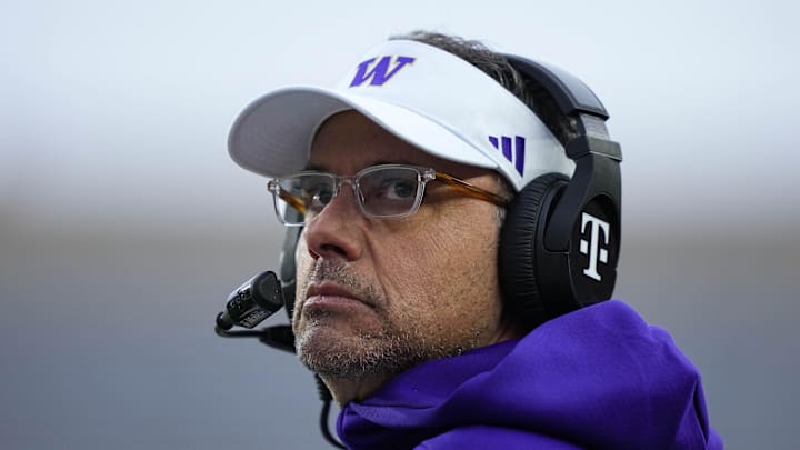 Nov 8, 2025; Madison, Wisconsin, USA;  Washington Huskies head coach Jedd Fisch looks on during the first quarter against the Wisconsin Badgers at Camp Randall Stadium. 