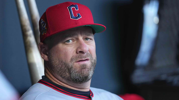 Apr 15, 2025; Baltimore, Maryland, USA; Cleveland Guardians manager Stephen Vogt (42) prior to the game against the Baltimore Orioles at Oriole Park at Camden Yards. Mandatory Credit: Mitch Stringer-Imagn Images