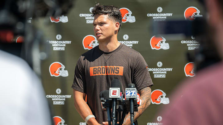 May 10, 2025; Berea, OH, USA; Cleveland Browns quarterback Dillon Gabriel (5) talks to the media during rookie minicamp at CrossCountry Mortgage Campus. Mandatory Credit: Ken Blaze-Imagn Images