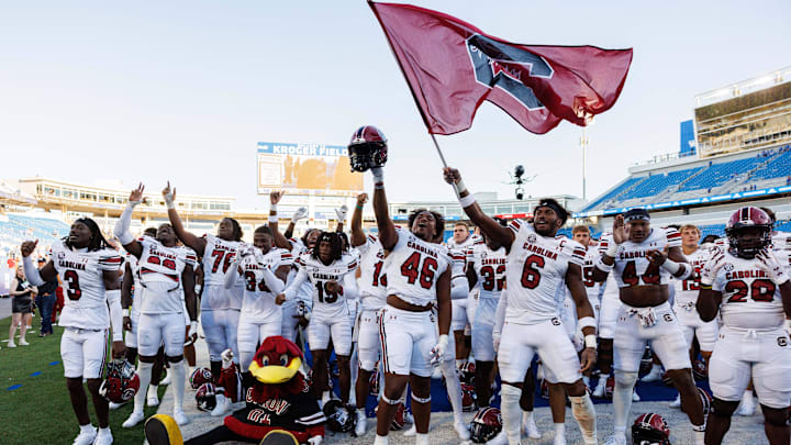 The South Carolina football team celebrating a big win over the Kentucky Wildcats