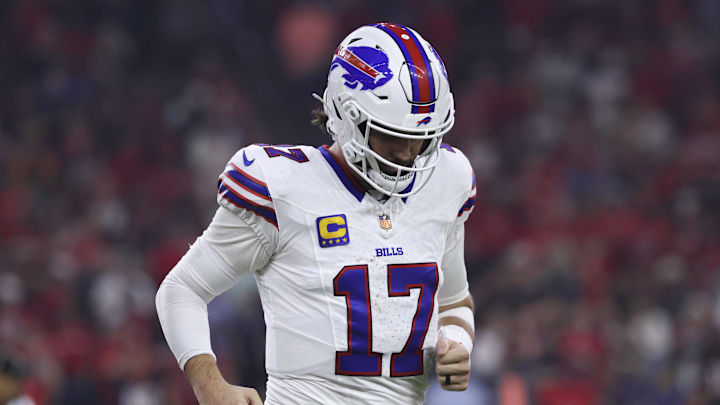 Nov 20, 2025; Houston, Texas, USA; Buffalo Bills quarterback Josh Allen (17) walks off the field after a play during the game against the Houston Texans at NRG Stadium.
