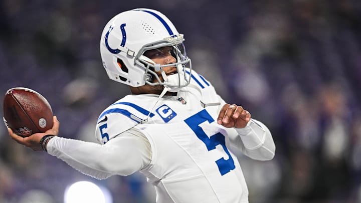 Indianapolis Colts quarterback Anthony Richardson (5) warms up before the game against the Minnesota Vikings at U.S. Bank Stadium. Indianapolis Colts quarterback Anthony Richardson (5) warms up before the game against the Minnesota Vikings at U.S. Bank Stadium.