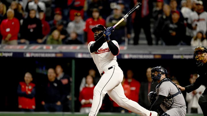 Oct 17, 2024; Cleveland, Ohio, USA; Cleveland Guardians outfielder Jhonkensy Noel (43) hits a two-run home run during the ninth inning against the New York Yankees in game 3 of the American League Championship Series at Progressive Field. Oct 17, 2024; Cleveland, Ohio, USA; Cleveland Guardians outfielder Jhonkensy Noel (43) hits a two-run home run during the ninth inning against the New York Yankees in game 3 of the American League Championship Series at Progressive Field.