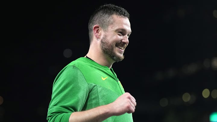 Dec 28, 2022; San Diego, CA, USA; Oregon Ducks head coach Dan Lanning reacts after the 2022 Holiday Bowl against the North Carolina Tar Heels at Petco Park. Mandatory Credit: Kirby Lee-Imagn Images