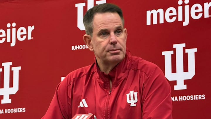 Indiana football coach Curt Cignetti speaks to reporters Nov. 24, 2025, in the Don Croftcheck Team Room at Memorial Stadium.