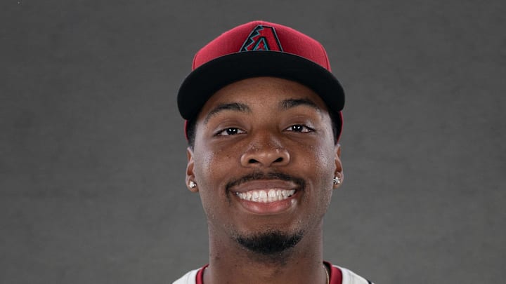 Feb 19, 2025; Scottsdale, AZ, USA; Arizona Diamondbacks infielder Gino Groover (91) poses for a portrait for MLB Media Day at Salt River Fields.  Mandatory Credit: Allan Henry-Imagn Images