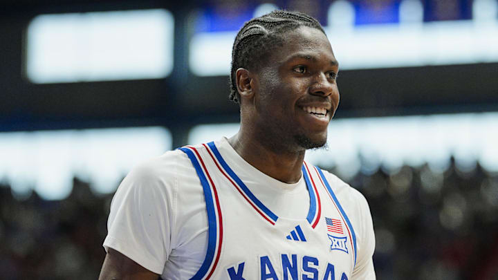 Nov 15, 2025; Lawrence, Kansas, USA; Kansas Jayhawks forward Flory Bidunga (40) reacts during the second half against the Princeton Tigers at Allen Fieldhouse. Mandatory Credit: Jay Biggerstaff-Imagn Images