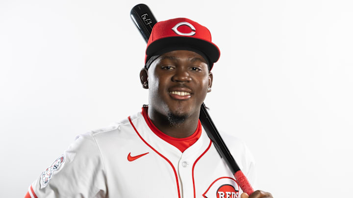 Feb 18, 2025; Goodyear, AZ, USA; Cincinnati Reds outfielder Hector Rodriguez poses for a portrait during Media Day at the Cincinnati Reds Development Complex. Mandatory Credit: Mark J. Rebilas-Imagn Images
