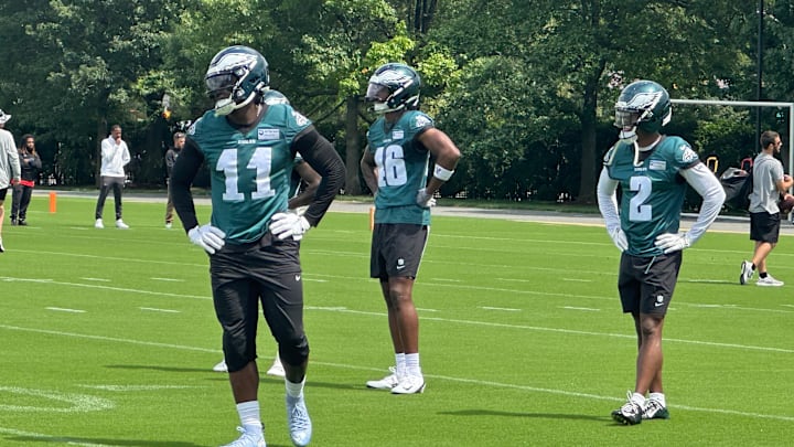 Eagles receivers A.J. Brown (11), Terrace Marshall (46), and Jahan Dotson (2) drilling during Eagles' one-day minicamp on June 10, 2025.