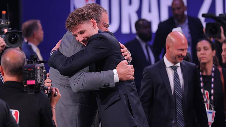 Jun 23, 2026; New York, NY, USA; The fourteenth pick in the 2026 NBA draft, Washington forward Hannes Steinbach reacts after he was selected by the Charlotte Hornets at Barclays Center. Mandatory Credit: Brad Penner-Imagn Images Jun 23, 2026; New York, NY, USA; The fourteenth pick in the 2026 NBA draft, Washington forward Hannes Steinbach reacts after he was selected by the Charlotte Hornets at Barclays Center. Mandatory Credit: Brad Penner-Imagn Images