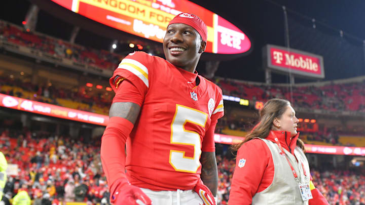 Dec 7, 2025; Kansas City, Missouri, USA; Kansas City Chiefs wide receiver Hollywood Brown (5) walks onto the field prior to the game against the Houston Texans at GEHA Field at Arrowhead Stadium. Mandatory Credit: Amy Kontras-Imagn Images