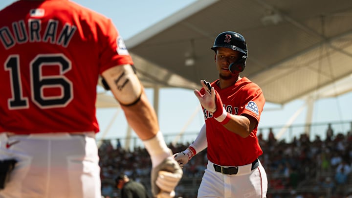 Kristian Campbell comes off the field during a Red Sox Spring Training game at JetBlue Park in Fort Myers, Florida.