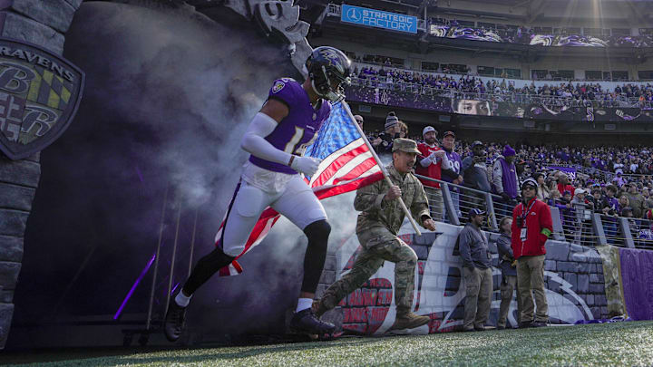 Nov 12, 2023; Baltimore, Maryland, USA;  Baltimore Ravens safety Kyle Hamilton (14) takes the field
