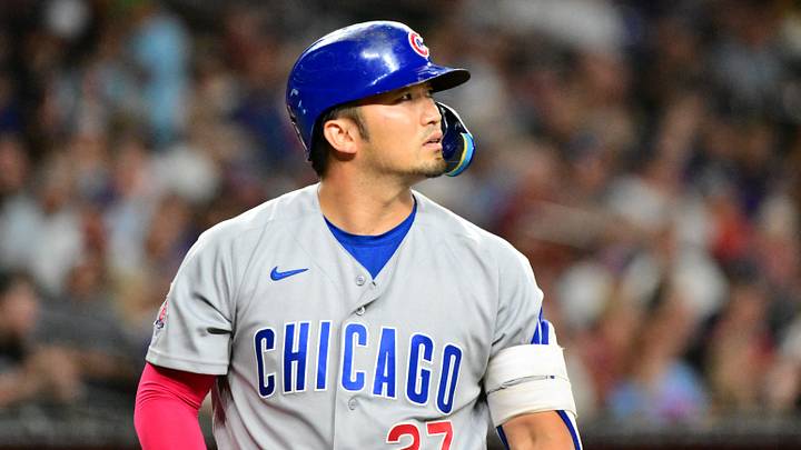 Aug 24, 2026; Phoenix, Arizona, USA;  Chicago Cubs right fielder Seiya Suzuki (27) looks on after striking out in the second inning against the Arizona Diamondbacks at Chase Field.  Mandatory Credit: Matt Kartozian-Imagn Images
