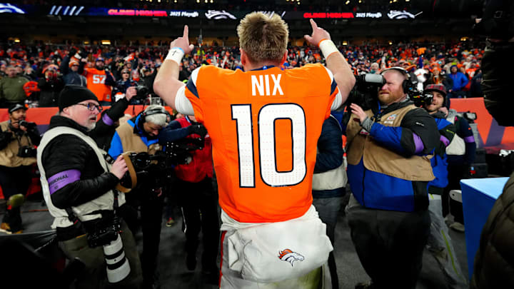 Jan 17, 2026; Denver, CO, USA; Denver Broncos quarterback Bo Nix (10) celebrates after winning an AFC Divisional Round playoff game against the Buffalo Bills at Empower Field at Mile High. Mandatory Credit: Ron Chenoy-Imagn Images