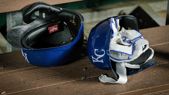 Apr 10, 2024; Kansas City, Missouri, USA; Kansas City Royals batting helmets in the dugout after the game against the Houston Astros at Kauffman Stadium. Mandatory Credit: William Purnell-Imagn Images