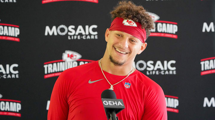 Jul 26, 2024; Kansas City, MO, USA; Kansas City Chiefs quarterback Patrick Mahomes (15) speaks to the media after training camp at Missouri Western State University. Mandatory Credit: Denny Medley-Imagn Images