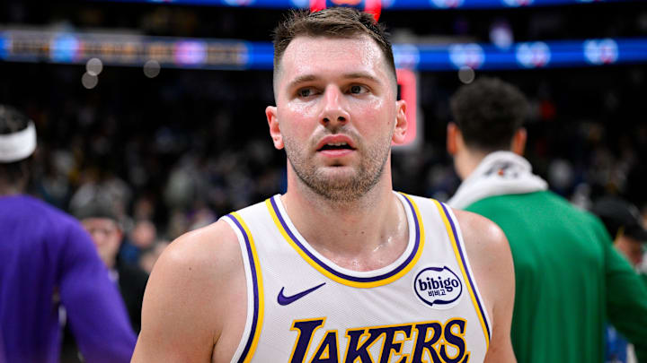 Jan 24, 2026; Dallas, Texas, USA; Los Angeles Lakers guard Luka Doncic (77) walks off the court after the game against the Dallas Mavericks at the American Airlines Center. Mandatory Credit: Jerome Miron-Imagn Images