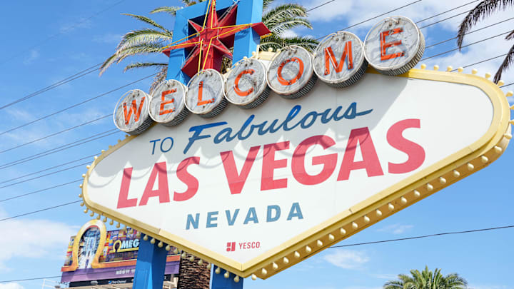 Aug 14, 2022; Paradise, Nevada, USA; The Las Vegas sign on the Las Vegas strip. Mandatory Credit: Kirby Lee-Imagn Images