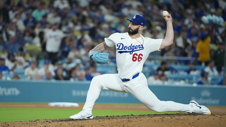 Jun 16, 2026; Los Angeles, California, USA; Los Angeles Dodgers relief pitcher Tanner Scott (66) throws a pitch during the ninth inning against the Tampa Bay Rays at Dodger Stadium. Mandatory Credit: Kirby Lee-Imagn Images