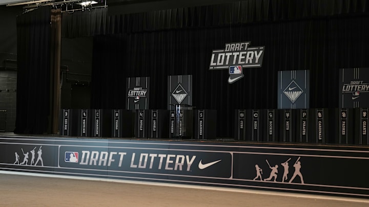 Dec 4, 2023; Nashville, TN, USA; A view of the Draft Lottery stage at the 2023 MLB Winter Meetings. Mandatory Credit: Kyle Schwab-USA TODAY Sports