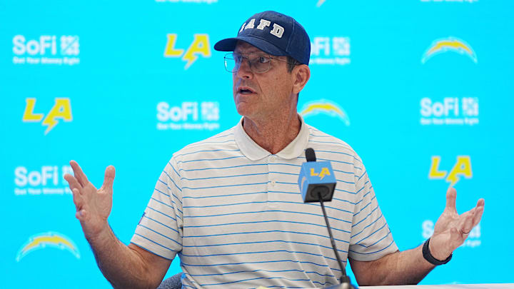 Los Angeles Chargers coach Jim Harbaugh at a press conference at The Bolt. Los Angeles Chargers coach Jim Harbaugh at a press conference at The Bolt.