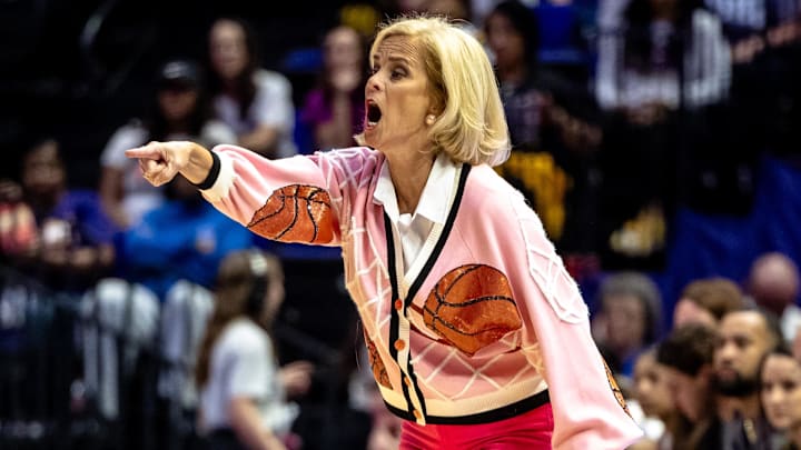 Nov 8, 2024; Baton Rouge, Louisiana, USA;  LSU Lady Tigers head coach Kim Mulkey reacts to a play against the Northwestern State Lady Demons during the first half at Pete Maravich Assembly Center. Mandatory Credit: Stephen Lew-Imagn Images