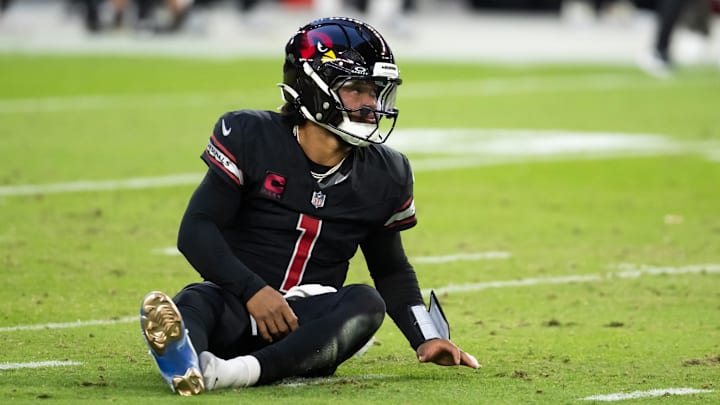 Dec 8, 2024; Glendale, Arizona, USA; Arizona Cardinals quarterback Kyler Murray (1) reacts after being sacked on the final play of the against the Seattle Seahawks at State Farm Stadium. Mandatory Credit: Mark J. Rebilas-Imagn Images Dec 8, 2024; Glendale, Arizona, USA; Arizona Cardinals quarterback Kyler Murray (1) reacts after being sacked on the final play of the against the Seattle Seahawks at State Farm Stadium. Mandatory Credit: Mark J. Rebilas-Imagn Images