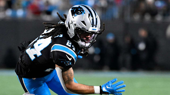 Dec 1, 2024; Charlotte, North Carolina, USA;  Carolina Panthers running back Jonathon Brooks (24) with the ball in the third quarter at Bank of America Stadium. Mandatory Credit: Bob Donnan-Imagn Images