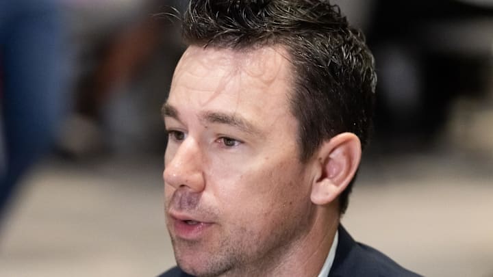 Mar 31, 2026; Phoenix, AZ, USA; Las Vegas Raiders head coach Klint Kubiak during the 2026 NFL Annual League Meeting at the Arizona Biltmore. Mandatory Credit: Mark J. Rebilas-Imagn Images