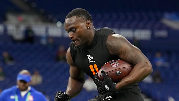 Feb 28, 2026; Indianapolis, IN, USA; Notre Dame running back Jeremiyah Love (RB11) during the NFL Scouting Combine at Lucas Oil Stadium. Mandatory Credit: Kirby Lee-Imagn Images