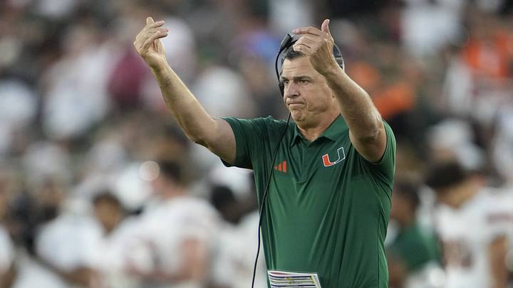 Sep 4, 2026; Stanford, California, USA;  Miami Hurricanes head coach Mario Cristobal on the sidelines during the second quarter against the Stanford Cardinal at Stanford Stadium.  Mandatory Credit: Stan Szeto-Imagn Images