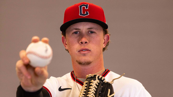 Feb 19, 2026; Goodyear, AZ, USA; Cleveland Guardians pitcher Peyton Pallette (63) during media day in Goodyear. Mandatory Credit: Arianna Grainey-Imagn Images