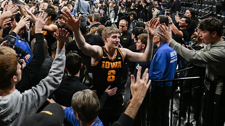 Feb 17, 2026; Iowa City, Iowa, USA; Iowa Hawkeyes forward Cooper Koch (8) reacts while coming off the court after the game against the Nebraska Cornhuskers at Carver-Hawkeye Arena. Mandatory Credit: Jeffrey Becker-Imagn Images