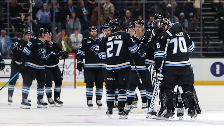 Mar 22, 2026; Salt Lake City, Utah, USA; The Utah Mammoth celebrate an overtime win over the Los Angeles Kings after the game at Delta Center. Mandatory Credit: Rob Gray-Imagn Images