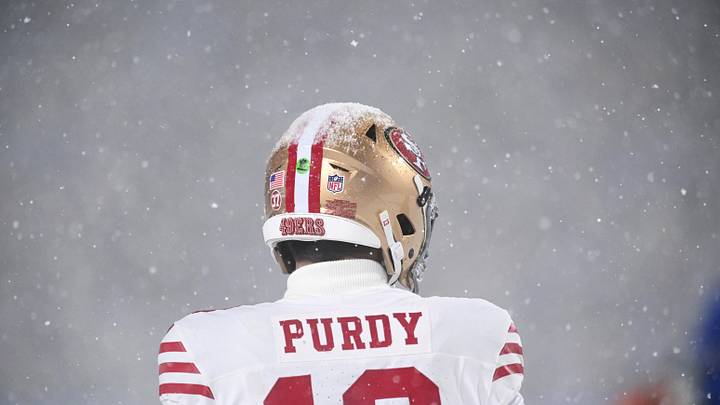 Dec 1, 2024; Orchard Park, New York, USA; Snow sits on top of the helmet of San Francisco 49ers quarterback Brock Purdy (13) in the fourth quarter game against the Buffalo Bills at Highmark Stadium. Mandatory Credit: Mark Konezny-Imagn Images Dec 1, 2024; Orchard Park, New York, USA; Snow sits on top of the helmet of San Francisco 49ers quarterback Brock Purdy (13) in the fourth quarter game against the Buffalo Bills at Highmark Stadium. Mandatory Credit: Mark Konezny-Imagn Images