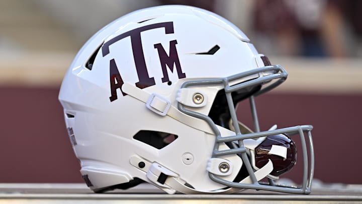A detailed view of a Texas A&M Aggies helmet on the sideline before the game against the Florida Gators at Kyle Field.