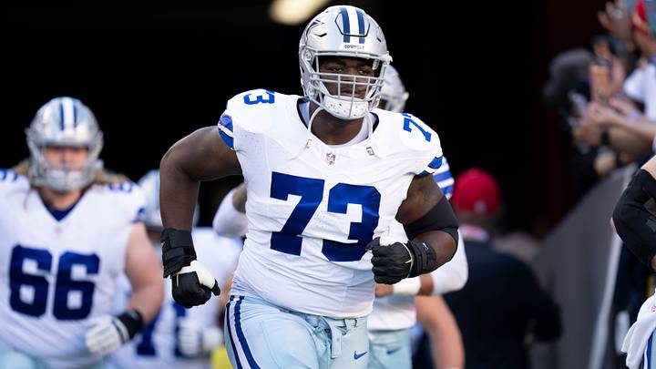 Dallas Cowboys offensive tackle Tyler Smith (73) before the game against the San Francisco 49ers at Levi's Stadium. Mandatory Credit: Kyle Terada-USA TODAY Sports Dallas Cowboys offensive tackle Tyler Smith (73) before the game against the San Francisco 49ers at Levi's Stadium. Mandatory Credit: Kyle Terada-USA TODAY Sports