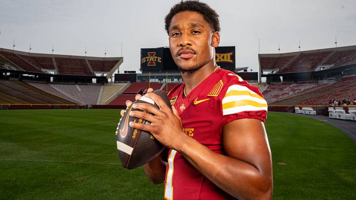 Quarterback Jaylen Raynor stands for a photo during Iowa State Football media day at Jack Trice Stadium in Ames, Wednesday, August 19, 2026.