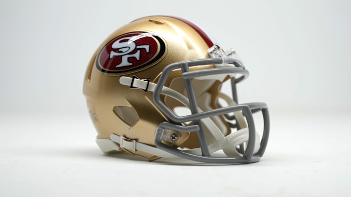 Feb 4, 2024; Las Vegas, NV, USA; Detailed view of San Francisco 49ers helmet. Mandatory Credit: Kirby Lee-USA TODAY Sports