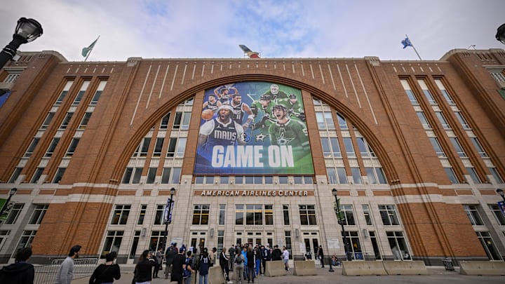 Mar 3, 2025; Dallas, Texas, USA; A view of the new banner for the NBA Dallas Mavericks and NHL Dallas Stars outside of the American Airlines Center featuring photos of Mavericks forward Anthony Davis and guard Kyrie Irving and center Dereck Lively II and guard Klay Thompson before the game between the Mavericks and the Sacramento Kings. Mandatory Credit: Jerome Miron-Imagn Images